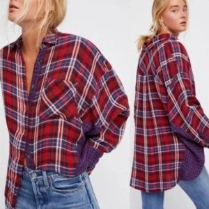 Free People Red and Blue Plaid Button Down Shirt